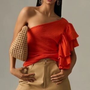 Anthropologie Orange Ruffled One Shoulder Top XS